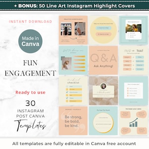 Może przedstawiać: Zestaw 30 szablonów postów na Instagramie do Canva, z różnymi projektami w pastelowych kolorach i szlachetnym wzornictwem. Szablony są gotowe do użycia i w pełni edytowalne w bezpłatnym koncie Canva. Tekst na szablonach zawiera: "Fun Engagement", "Ready to use", "30 Instagram Post Canva Templates", "Practice Mindfulness", "Help me choose the launch time", "What is important to you?", "Get to know me", "Live lesson today at 8am Q&A Ask Anything!", "This or That", "Weekend checklist", "Progress is better than perfect", "How to increase sales", "Remind yourself Be strong, be bold, be kind.", "My Goal This Month", "Increase your sales".