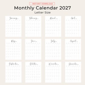 Printable 2027 Calendar 2027 Monthly Planner PDF Vertical Elegant Wall Calendar Sunday & Monday Start A4 US Letter Size Desk Calendar 2027
