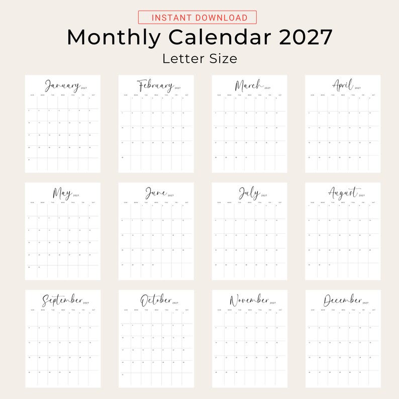 Printable 2027 Calendar 2027 Monthly Planner PDF Vertical Elegant Wall Calendar Sunday & Monday Start A4 US Letter Size Desk Calendar 2027