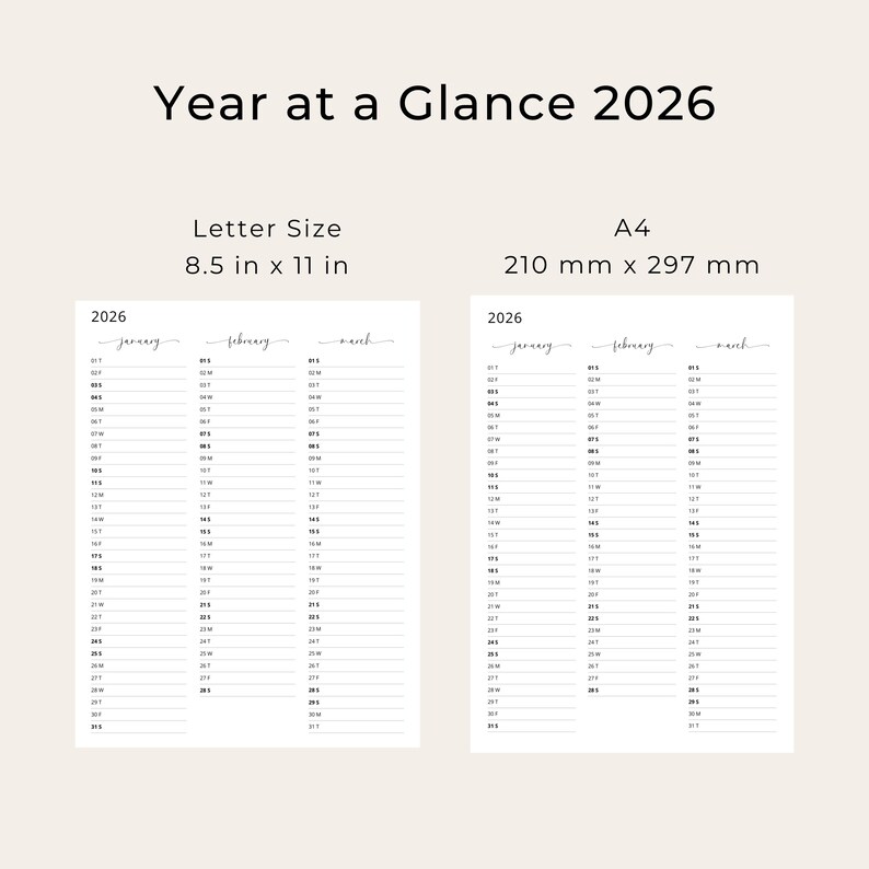 2026 Yearly Planner 2026 Year at a Glance Calendar 3 Months Per Page 2026 Yearly Overview Calendar Portrait Elegant PRINTABLE PDF Download