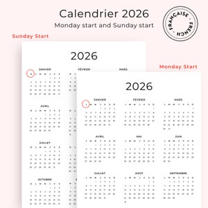 Calendrier 2026 Français 2026 Calendrier Annuel 2026 Imprimable Calendar in French 2026 PDF Yearly Calendar French PDF Vertical A3 A4 Letter