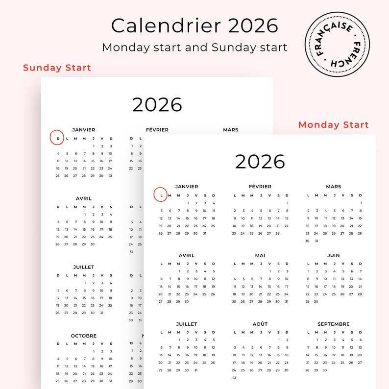 Calendrier 2026 Français 2026 Calendrier Annuel 2026 Imprimable