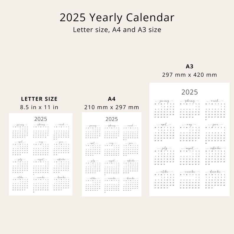 2025 Yearly Calendar 2025 Annual Calendar Printable 2025 Calendar Vertical 2025 Wall Calendar A3