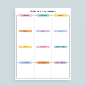 May include: A 2026 Year Planner with a white background and a grid layout. Each month is labelled in a different pastel colour, including pink, blue, yellow, and orange. The planner is designed for organising and scheduling activities throughout the year.