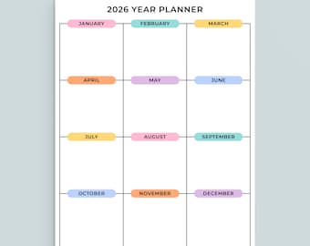 2026 Year Planner 2026 Year at a Glance Printable PDF Wall Planner Portrait Color Yearly Planning Key Event To Do A3 A4 Letter Size 11x17 in