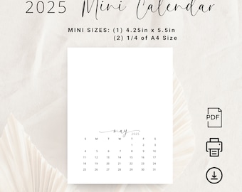 2025 Mini Calendar 2025 Small Calendar Monthly Vertical 2025 DIY Calendar PRINTABLE PDF 4.25in x 5.5in Mini Planner 1/4 of A4 Size Elegant