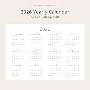 2026 Yearly Calendar 2026 Wall Calendar Landscape 2026 Calendar PRINTABLE 2026 Horizontal Year A3 A4 Letter Monday & Sunday Start Elegant