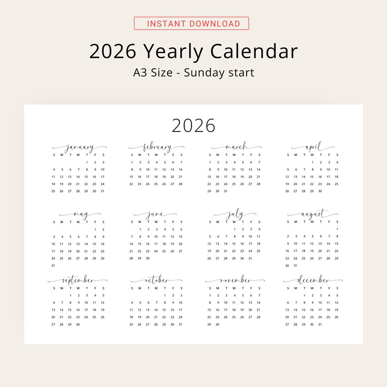 2026 Yearly Calendar 2026 Wall Calendar Landscape 2026 Calendar PRINTABLE 2026 Horizontal Year A3 A4 Letter Monday & Sunday Start Elegant