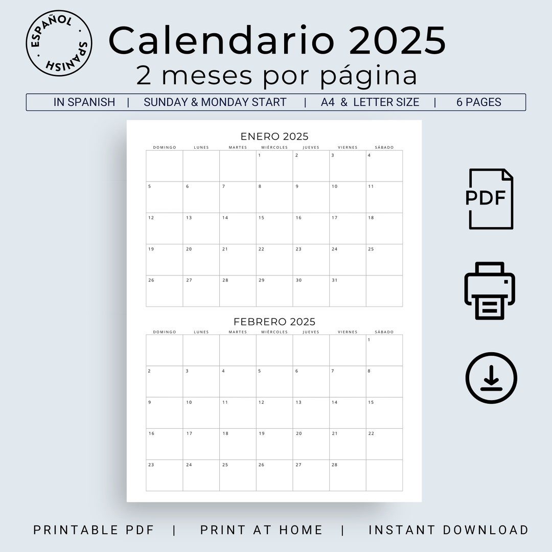 Calendario Español 2025 2 Meses Por Página 2025 Calendario Español 2025