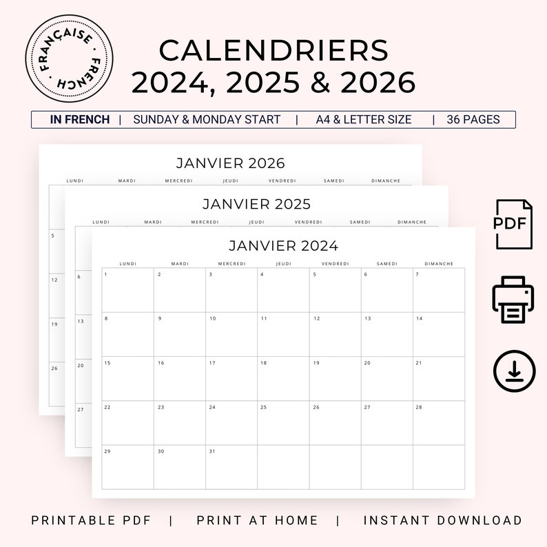 2024 2025 2026 Calendrier Français 3 Years French Calendar 2024 2025