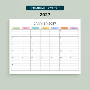 Peut inclure: Une page de calendrier mensuel pour janvier 2027 en français. La grille présente sept colonnes avec des en-têtes colorés pour les jours de la semaine : Dimanche, Lundi, Mardi, Mercredi, Jeudi, Vendredi et Samedi. Chaque case est lignée.