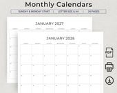 2026 & 2027 Calendar 2026-2027 Monthly Planner Minimalist Printable PDF Landscape Wall Calendar Desk A4 Letter Sunday Start Monday Start