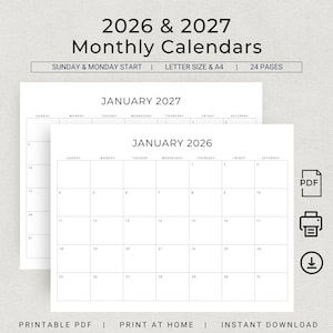 Puede incluir: Calendarios mensuales imprimibles para enero de 2026 y enero de 2027. Los calendarios tienen un estilo simple y minimalista con texto negro sobre fondo blanco. Los calendarios están diseñados para imprimirse en papel tamaño carta o A4.