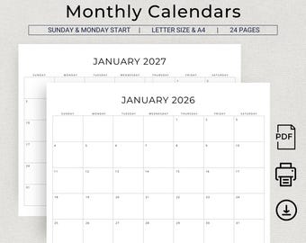 Calendario 2026 e 2027 2026-2027 Planner mensile minimalista PDF stampabile Calendario da parete orizzontale da scrivania A4 Lettera Inizio domenica Inizio lunedì
