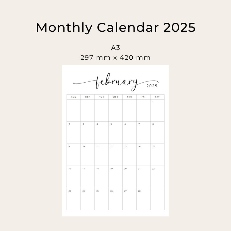 2025 Calendar A3 2025 Planner A3 Monthly Calendar Vertical 2025
