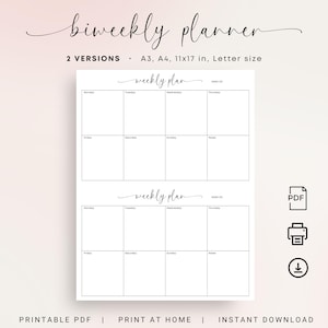 May include: A white biweekly planner with two versions, A3, A4, 11x17 in, and Letter size. The planner features a weekly plan layout with spaces for each day of the week and notes. The text "biweekly planner" is written in a cursive font.