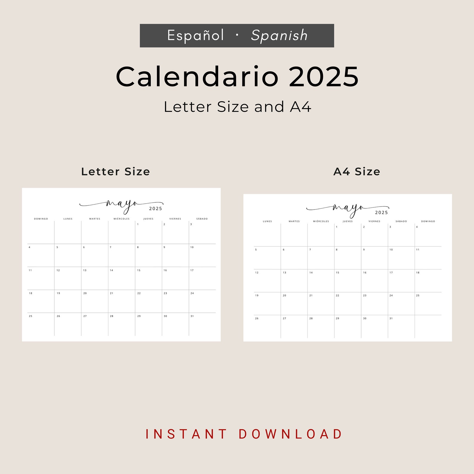 2025 Calendario 2025 Calendario Mensual Imprimible 2025 Elegante