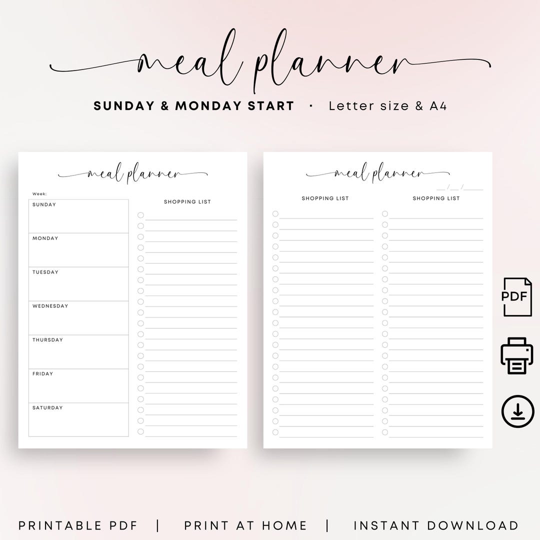Printable Meal Planner Weekly Meal Plan Shopping List Minimalist ...