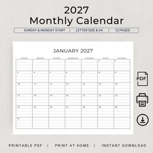 Puede incluir: Calendario mensual imprimible de 2027 con un diseño minimalista. El calendario muestra el mes de enero con una cuadrícula para cada día. El texto incluye "Inicio domingo y lunes", "Tamaño carta y A4" y "12 páginas".
