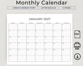 Planner mensile 2027 Calendario 2027 a righe con linee orizzontali Inizio domenica e lunedì Calendario da scrivania minimalista 2027 PDF stampabile A4 Lettera USA