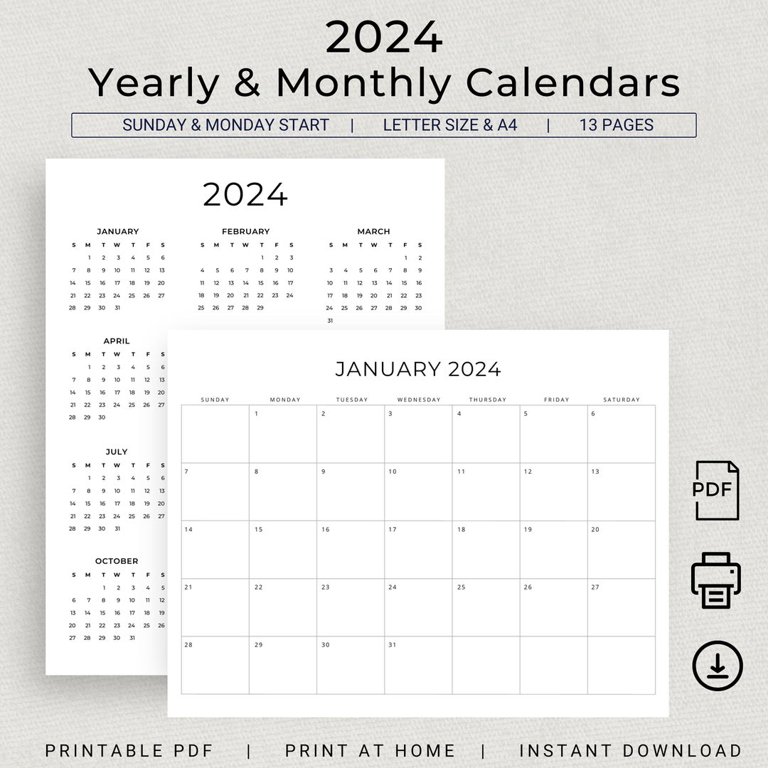 Minimal Calendars 2024 Monthly Calendar Landscape & Yearly Calendar