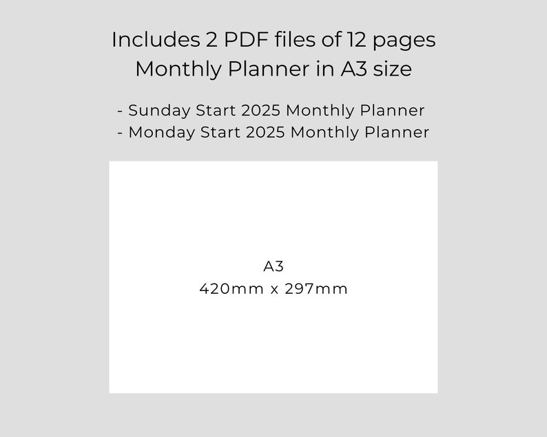 2025 Monthly Planner A3 Landscape Minimal Planner Black and White 2025