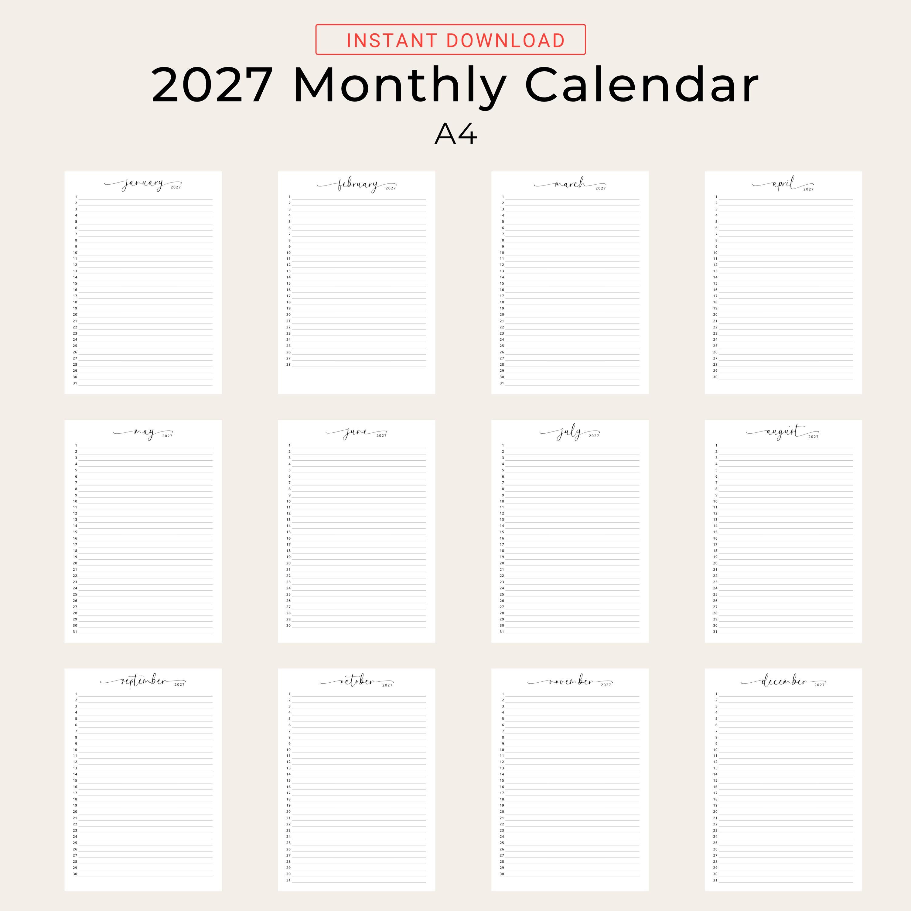 2027 Monthly Planner 2027 Calendar Portrait 2027 Month at a Glance