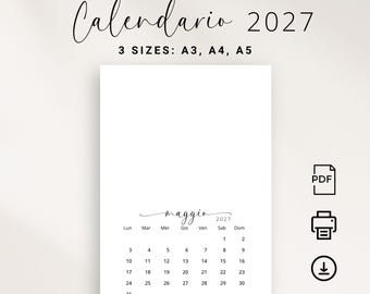 Può includere: Una pagina di calendario bianca per il mese di maggio 2027, con il testo 'maggio' in carattere corsivo. La griglia del calendario mostra i giorni da lunedì a domenica. Il documento è disponibile nei formati A3, A4 e A5 come PDF.