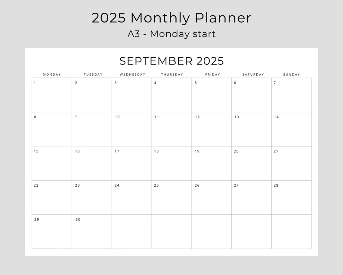 2025 Monthly Planner A3 Landscape Minimal Planner Black and Etsy