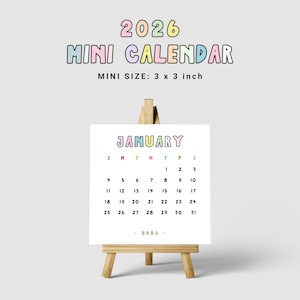 2026 Mini Calendar 2026 3x3 Calendar Cute Handwritten DIY Calendar 2026 Small Printable Whimsical Desk Calendar PDF Sunday & Monday Start