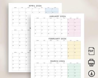 2026 Quarterly Calendar 2026 Three Months Per Page Planner 2026 Wall Calendar Printable PDF A4 US Letter Size Pastel Sunday & Monday Start