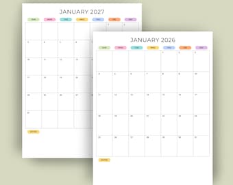 2026 2027 Monthly Planner 2026-2027 Monthly Calendar Portrait Color 2026 Wall Calendar Printable PDF A4 Letter Size Sunday & Monday Start