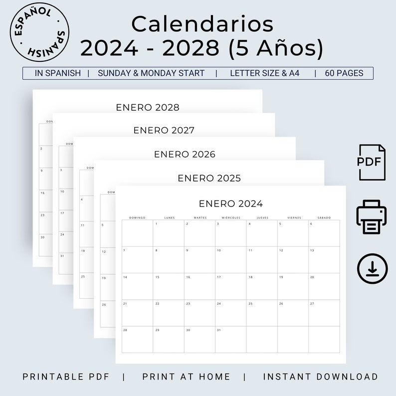 Calendario 2024-2028 5 Years Monthly Planner Calendario Mensual 5 Años Planificadores 5 Years Calendar Minimal 2024 - 2028 Printable PDF