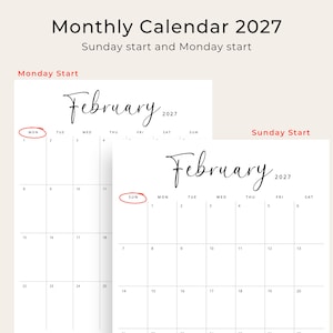 Printable 2027 Calendar 2027 Monthly Planner PDF Vertical Elegant Wall Calendar Sunday & Monday Start A4 US Letter Size Desk Calendar 2027