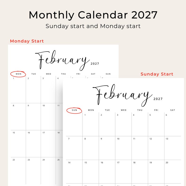 Printable 2027 Calendar 2027 Monthly Planner PDF Vertical Elegant Wall Calendar Sunday & Monday Start A4 US Letter Size Desk Calendar 2027