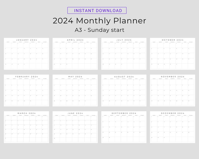 2024 Monthly Calendar Landscape, 2024 Monthly Planner, A3 Size Sunday