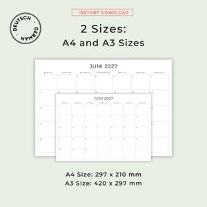 2027 Kalender 2027 Monatskalender 2027 Minimalist German Monthly Calendar PRINTABLE PDF 2027 Monthly Planner Germany A3 A4 Instant Download