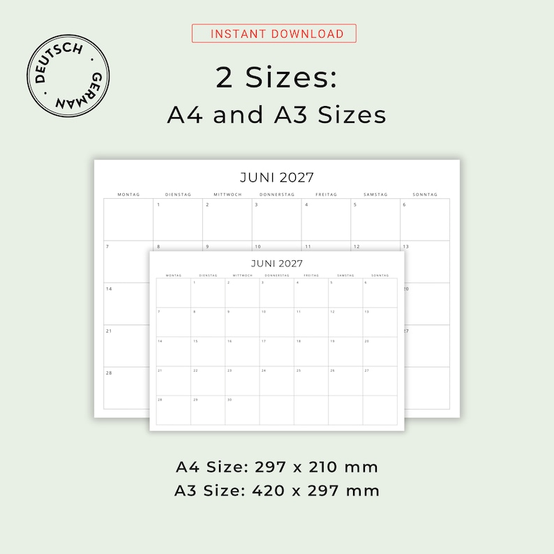 2027 Kalender 2027 Monatskalender 2027 Minimalist German Monthly Calendar PRINTABLE PDF 2027 Monthly Planner Germany A3 A4 Instant Download