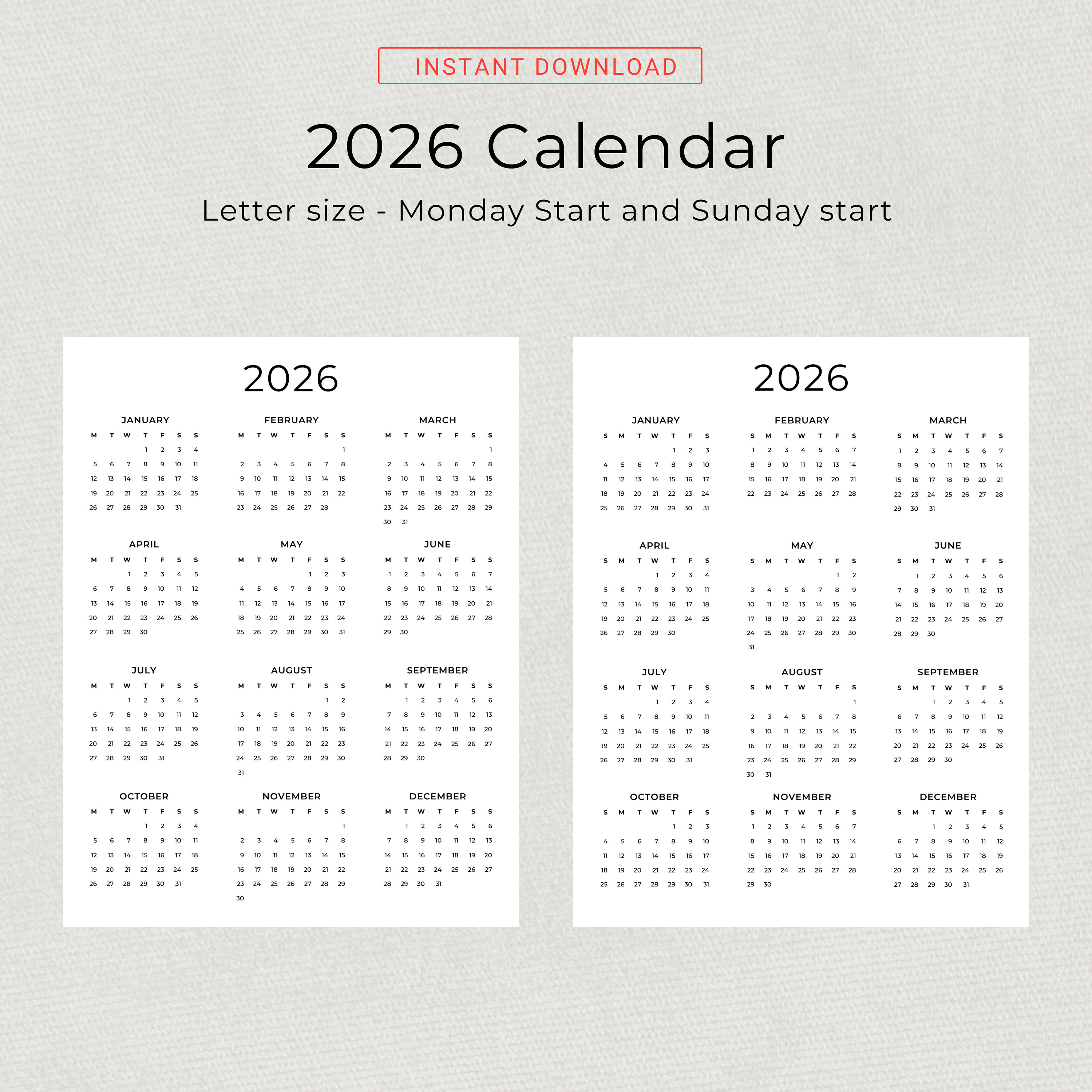 2026 Calendar 2026 Yearly Calendar Printable 2026 Wall Calendar 2026