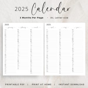 2025 Year at a Glance Calendar 2025 Yearly Planner Vertical 3 Months Per Page 2025 Overview PRINTABLE PDF Yearly Calendar Portrait Elegant