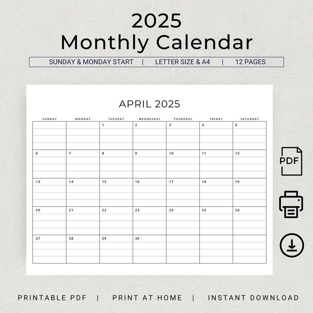 2025 Monthly Planner With Lines Landscape 2025 Calendar Sunday Start ...
