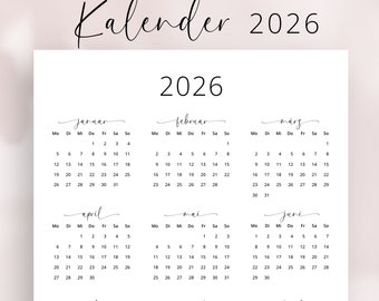 Kalender 2026 Kalender Deutsch Kalender zum Ausdrucken 2026 Deutschland en alemán 2026 Retrato IMPRIMIBLE Calendario alemán 2026 Vertical PDF