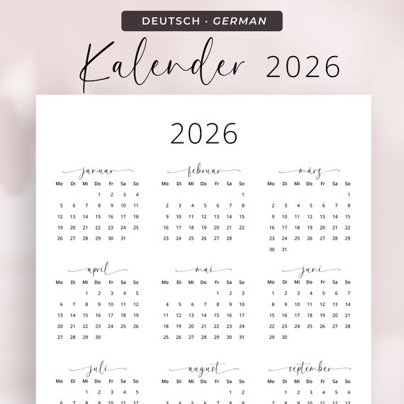 Kalender 2026 Kalender Deutsch Kalender zum Ausdrucken 2026 Deutschland in German 2026 Portrait PRINTABLE German Calendar 2026 Vertical PDF