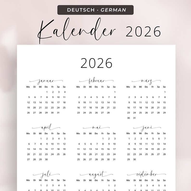 Kalender 2026 Kalender Deutsch Kalender zum ausdrucken 2026 Deutschland in German 2026 Portrait PRINTABLE German Calendar 2026 Vertical PDF
