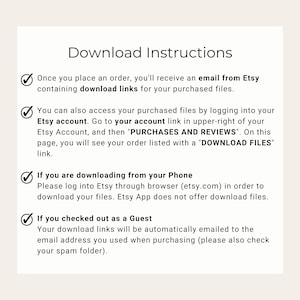 K&ouml;nnte beinhalten: Ein wei&szlig;er Hintergrund mit einer Checkliste von Anweisungen zum Herunterladen digitaler Dateien, die bei Etsy gekauft wurden. Die Anweisungen umfassen das Herunterladen von Ihrem Etsy-Konto, das Herunterladen von Ihrem Telefon und das Herunterladen als Gast.
