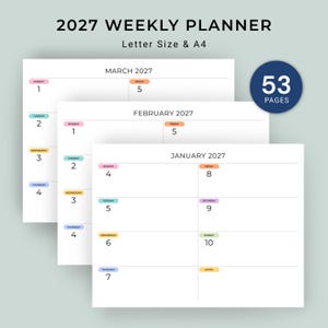May include: A 2027 weekly planner with a white background, featuring monthly calendar pages for January, February, and March. The planner includes the text "2027 Weekly Planner" and "Letter Size & A4". A blue circle indicates 53 pages.