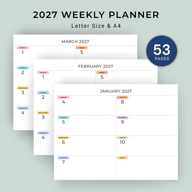 2027 Weekly Planner Printable PDF 2027 Weekly Calendar Landscape Color