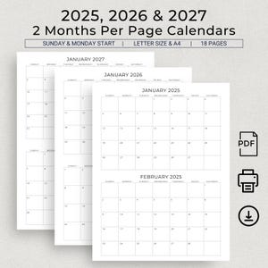 Calendario 2025, 2026 y 2027, 2 meses por página, planificador minimalista, calendario bimestral imprimible 2025-2027, planificador mensual de 3 años, tamaño carta A4.