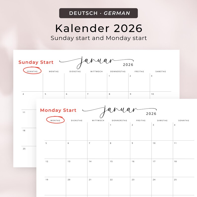 Kalender 2026 Kalender Deutsch Instant Download Printable 2026 Calendar in German PDF 2026 Desk Planner German A3 A4 Germany Wall Calendar