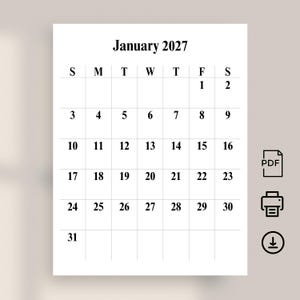 Può includere: Una pagina di calendario bianca per gennaio 2027, con i giorni della settimana in alto e le date in una griglia. Il testo "Gennaio 2027" è in alto. Il calendario include i giorni del mese dall'1 al 31.